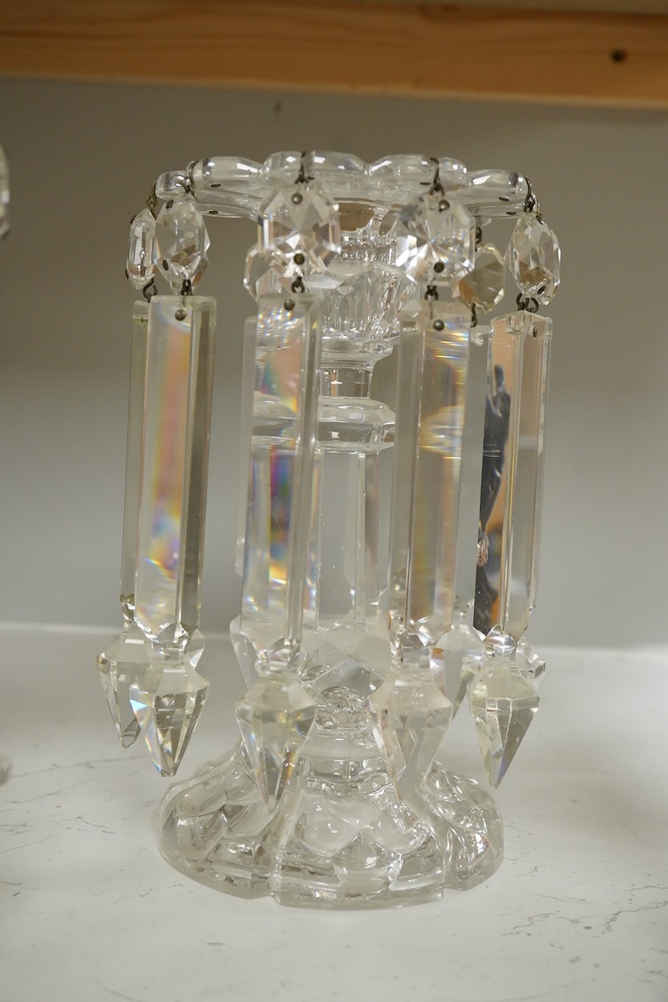 A pair of Victorian clear glass table lustres with drops, 20cm high